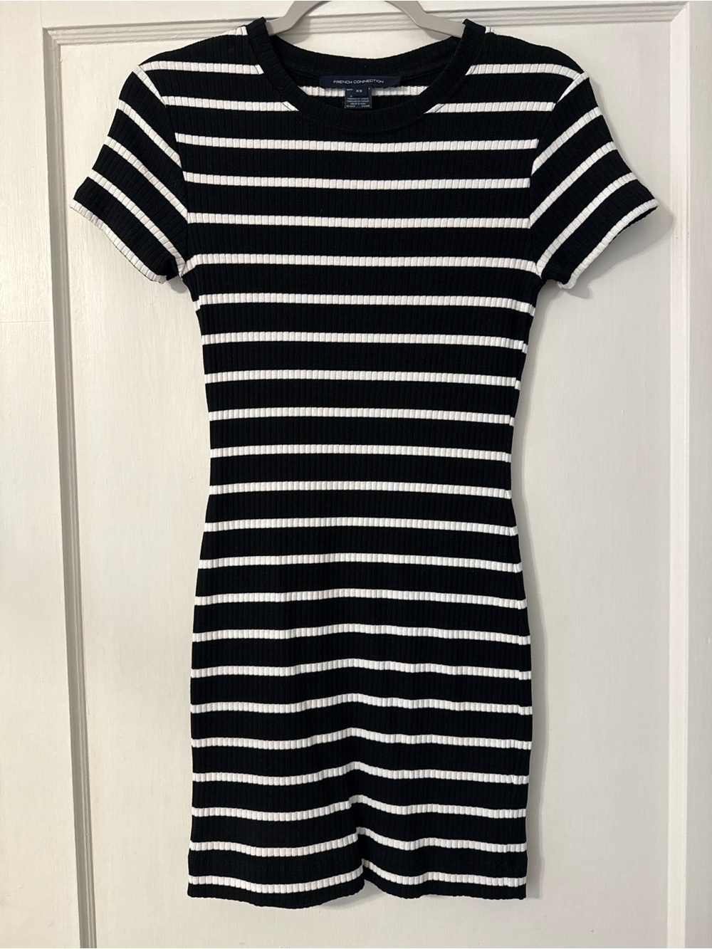 French Connection Black & White Striped Ribbed Mini Dress
